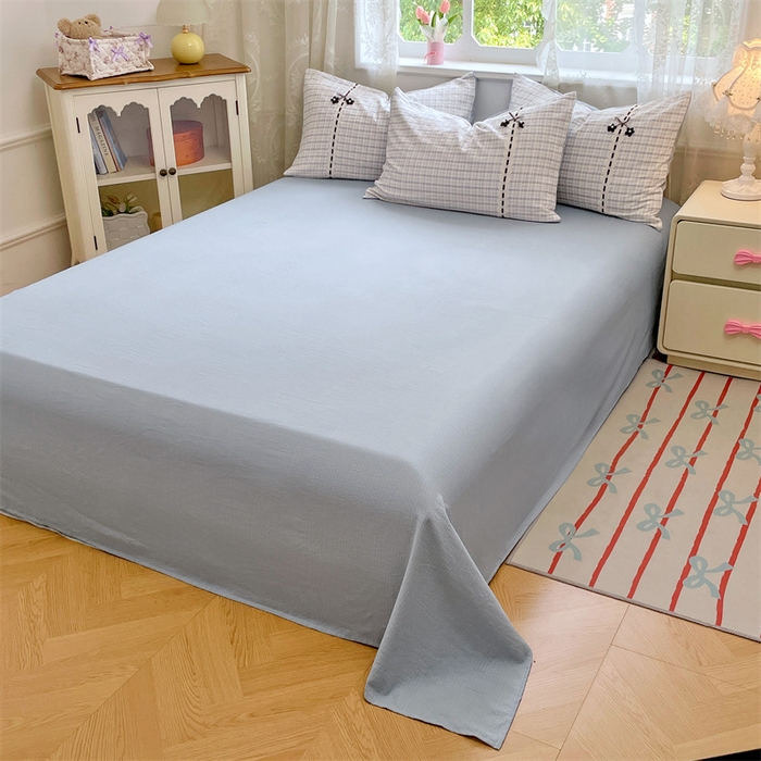 91家纺网 家纺一手货源 找家纺 梦舒羽2025新款双层纱蕾丝花边四件套学生宿舍床单款床上用品四件套  蕾丝花边-天空蓝格