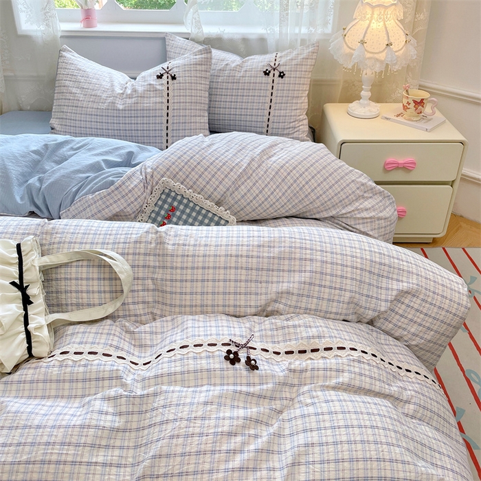 91家纺网 家纺一手货源 找家纺 梦舒羽2025新款双层纱蕾丝花边四件套学生宿舍床单款床上用品四件套  蕾丝花边-天空蓝格