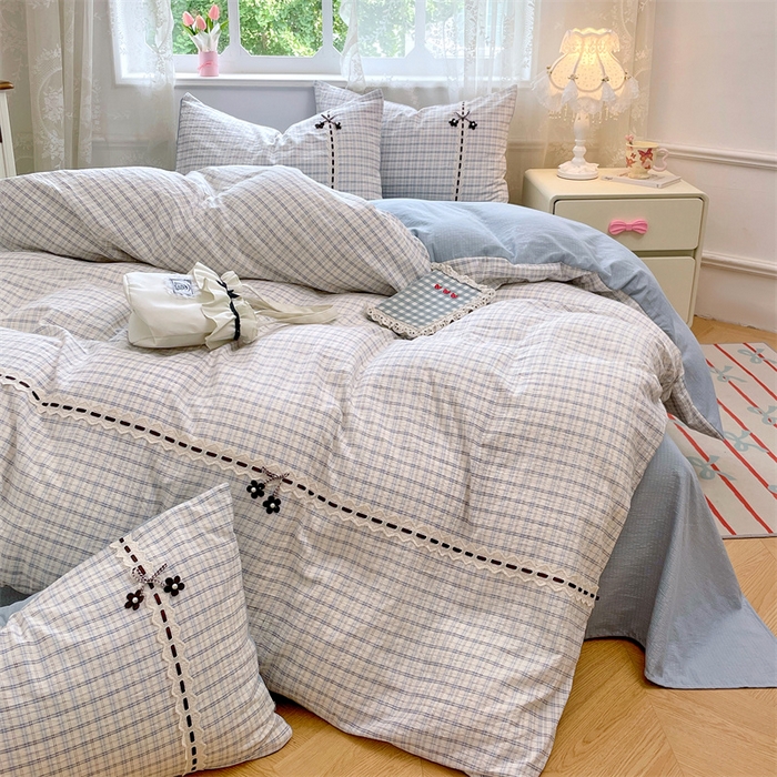 91家纺网 家纺一手货源 找家纺 梦舒羽2025新款双层纱蕾丝花边四件套学生宿舍床单款床上用品四件套  蕾丝花边-天空蓝格