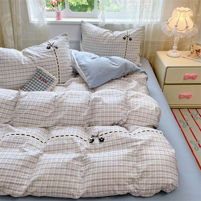 91家纺网 家纺一手货源 找家纺 梦舒羽2025新款双层纱蕾丝花边四件套学生宿舍床单款床上用品四件套  蕾丝花边-天空蓝格