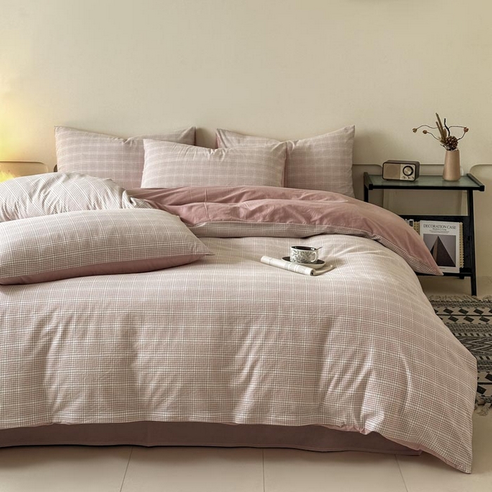 91家纺网 家纺一手货源 找家纺 木子家纺 2025新款40支色织A类全棉水洗棉四件套 芙卡格-粉