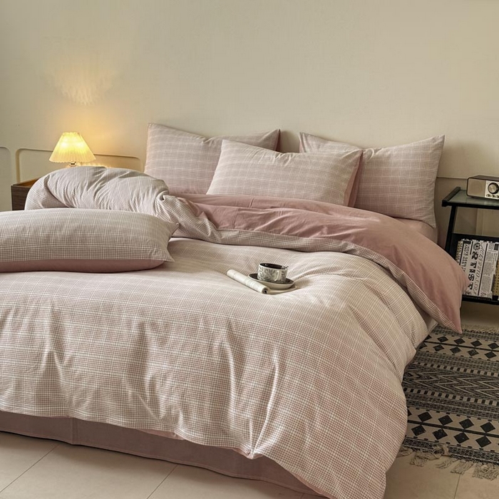 木子家纺 2025新款40支色织A类全棉水洗棉四件套 芙卡格-粉