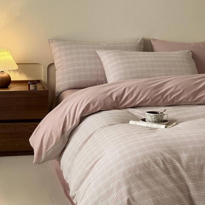 91家纺网 家纺一手货源 找家纺 木子家纺 2025新款40支色织A类全棉水洗棉四件套 芙卡格-粉