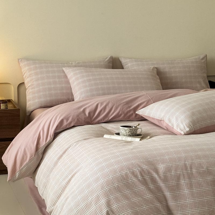 91家纺网 家纺一手货源 找家纺 木子家纺 2025新款40支色织A类全棉水洗棉四件套 芙卡格-粉