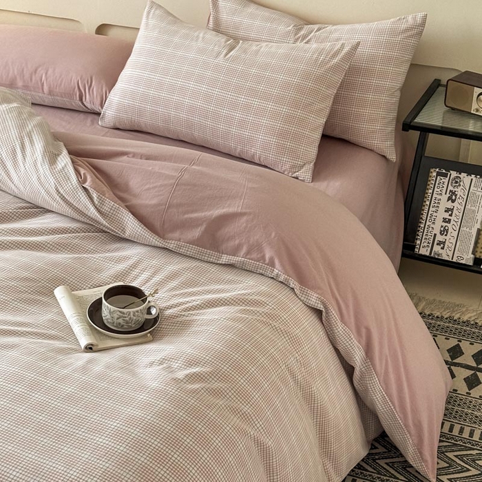 91家纺网 家纺一手货源 找家纺 木子家纺 2025新款40支色织A类全棉水洗棉四件套 芙卡格-粉