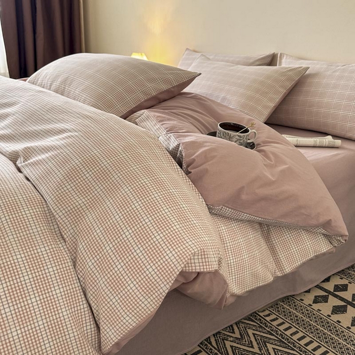 91家纺网 家纺一手货源 找家纺 木子家纺 2025新款40支色织A类全棉水洗棉四件套 芙卡格-粉