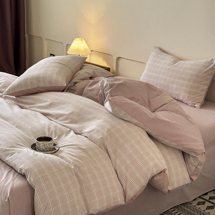 91家纺网 家纺一手货源 找家纺 木子家纺 2025新款40支色织A类全棉水洗棉四件套 芙卡格-粉