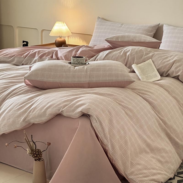 91家纺网 家纺一手货源 找家纺 木子家纺 2025新款40支色织A类全棉水洗棉四件套 芙卡格-粉