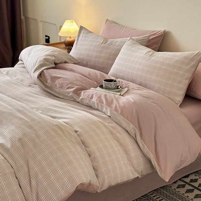 91家纺网 家纺一手货源 找家纺 木子家纺 2025新款40支色织A类全棉水洗棉四件套 芙卡格-粉