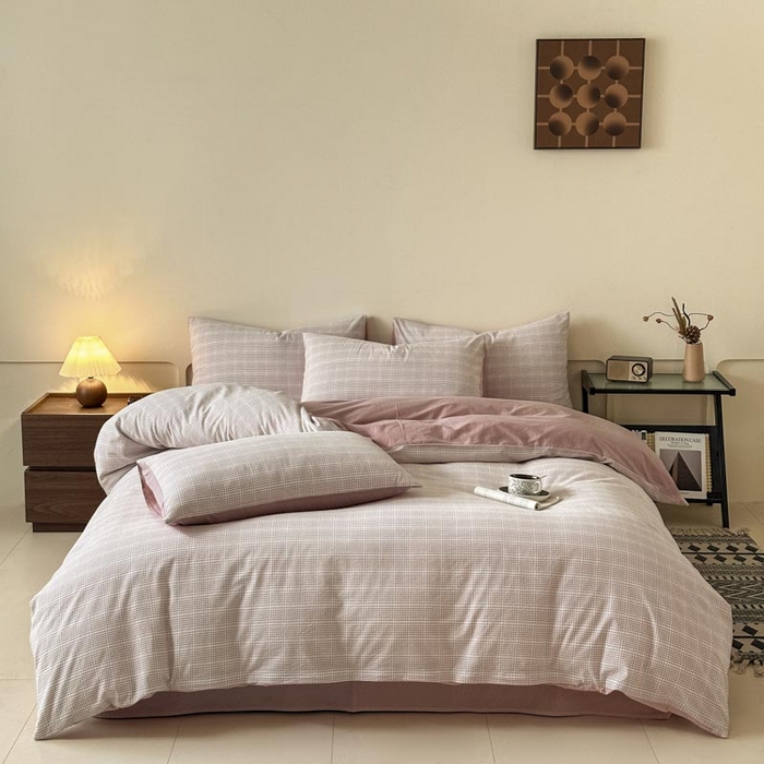 91家纺网 家纺一手货源 找家纺 木子家纺 2025新款40支色织A类全棉水洗棉四件套 芙卡格-粉