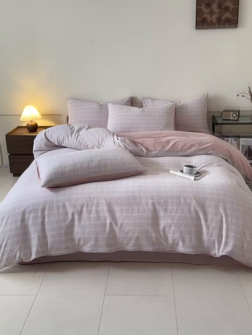 91家纺网 家纺一手货源 找家纺 木子家纺 2025新款40支色织A类全棉水洗棉四件套 芙卡格-粉