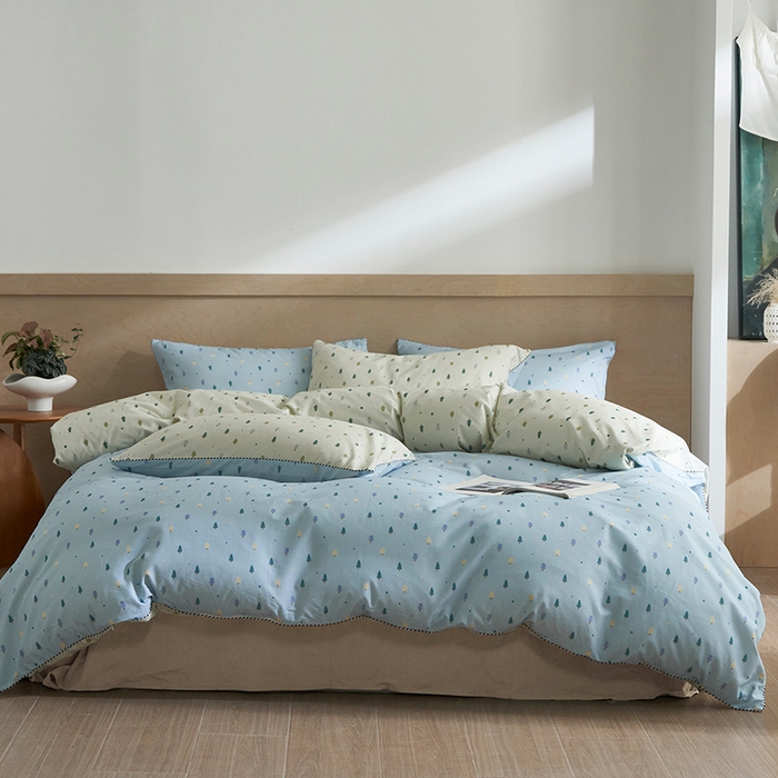 橙艺家居 2025新款滚绳款全棉纯棉磨毛四件套 叶叶情深-蓝白