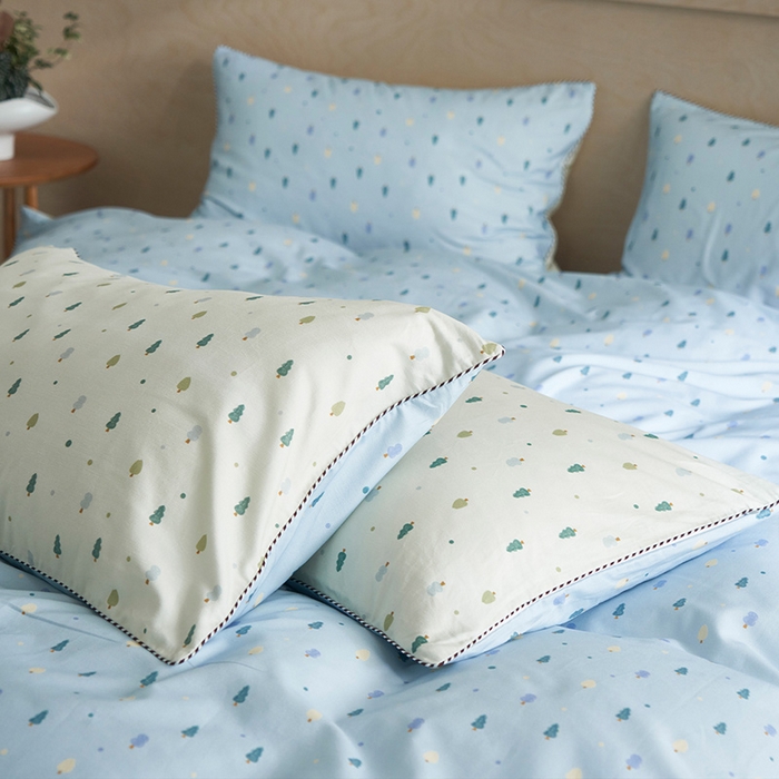 91家纺网 家纺一手货源 找家纺 橙艺家居 2025新款滚绳款全棉纯棉磨毛四件套 叶叶情深-蓝白