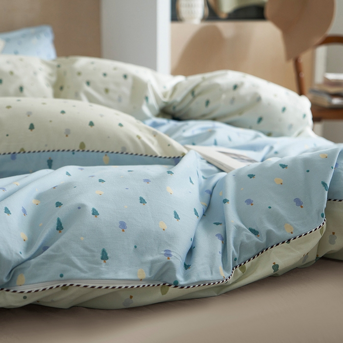 91家纺网 家纺一手货源 找家纺 橙艺家居 2025新款滚绳款全棉纯棉磨毛四件套 叶叶情深-蓝白