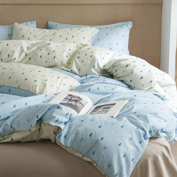 91家纺网 家纺一手货源 找家纺 橙艺家居 2025新款滚绳款全棉纯棉磨毛四件套 叶叶情深-蓝白