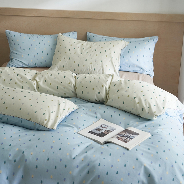 91家纺网 家纺一手货源 找家纺 橙艺家居 2025新款滚绳款全棉纯棉磨毛四件套 叶叶情深-蓝白