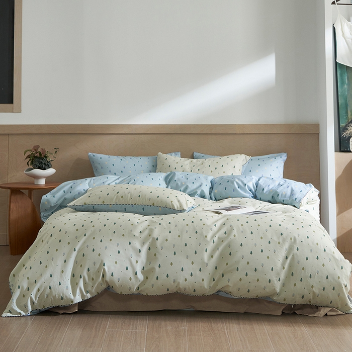 91家纺网 家纺一手货源 找家纺 橙艺家居 2025新款滚绳款全棉纯棉磨毛四件套 叶叶情深-蓝白