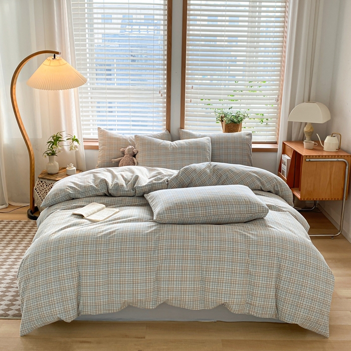 木子家纺 2025新款简约日式40支全棉色织水洗棉四件套 多彩格-灰