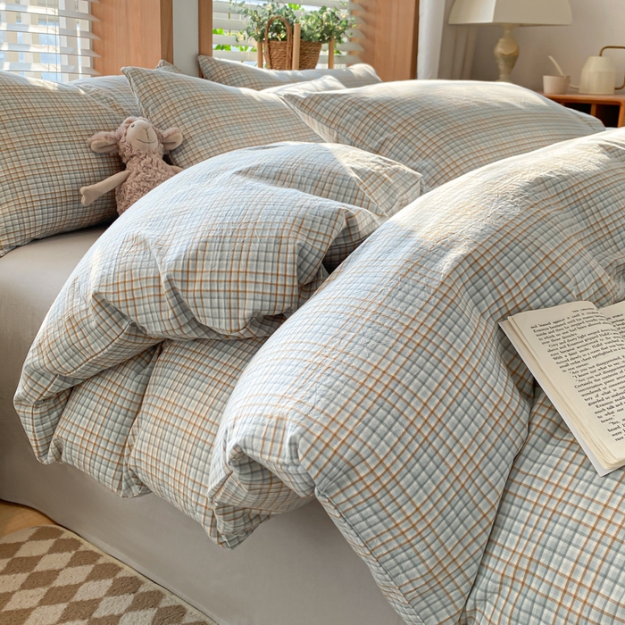 91家纺网 家纺一手货源 找家纺 木子家纺 2025新款简约日式40支全棉色织水洗棉四件套 多彩格-灰