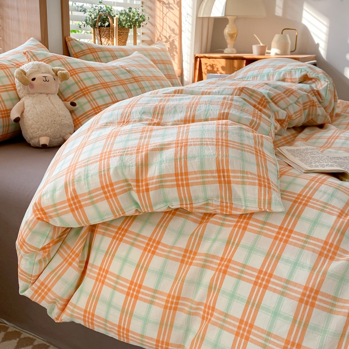 91家纺网 家纺一手货源 找家纺 木子家纺 2025新款简约日式40支全棉色织水洗棉四件套 梵希-桔