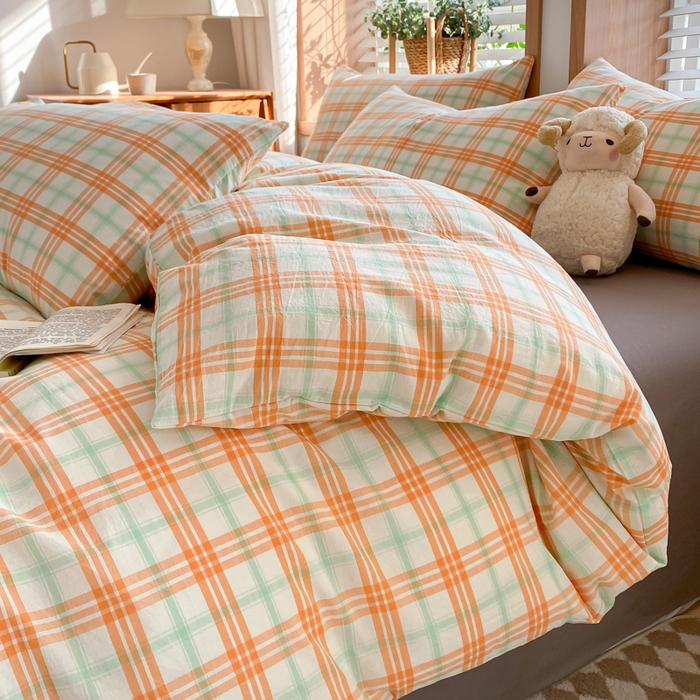 91家纺网 家纺一手货源 找家纺 木子家纺 2025新款简约日式40支全棉色织水洗棉四件套 梵希-桔