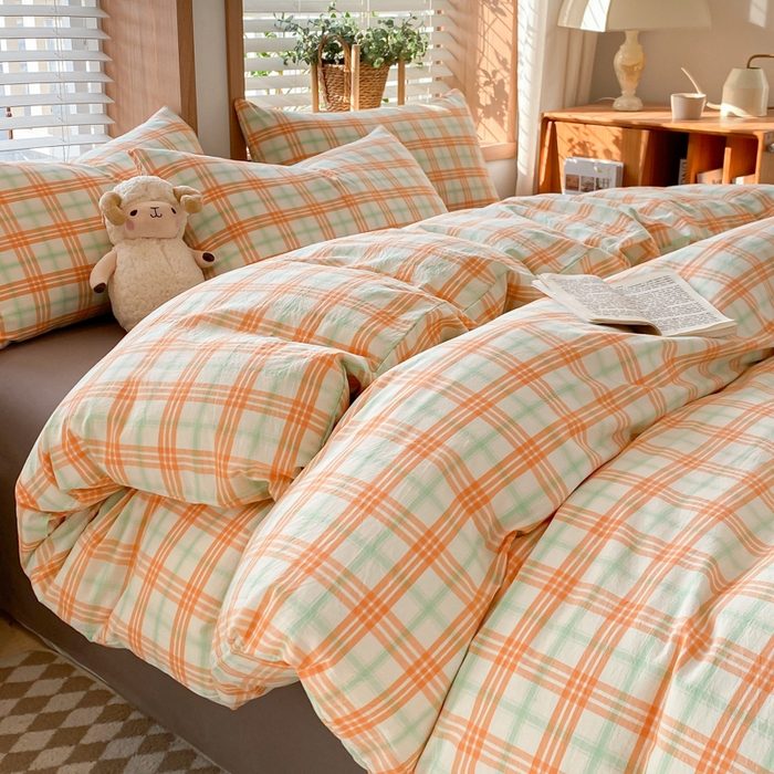 91家纺网 家纺一手货源 找家纺 木子家纺 2025新款简约日式40支全棉色织水洗棉四件套 梵希-桔