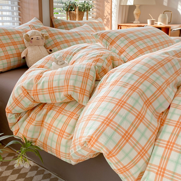 91家纺网 家纺一手货源 找家纺 木子家纺 2025新款简约日式40支全棉色织水洗棉四件套 梵希-桔