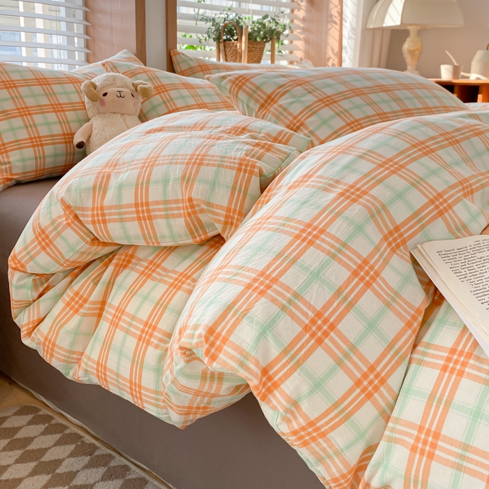 91家纺网 家纺一手货源 找家纺 木子家纺 2025新款简约日式40支全棉色织水洗棉四件套 梵希-桔