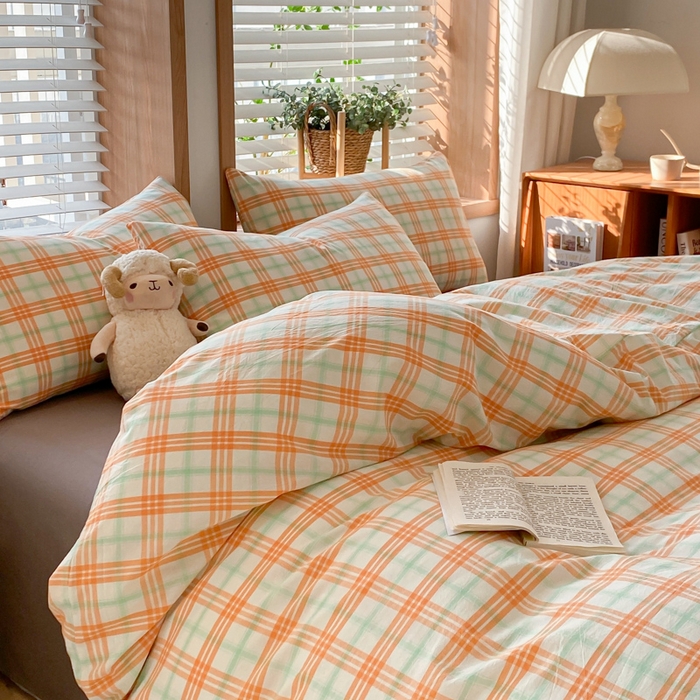 91家纺网 家纺一手货源 找家纺 木子家纺 2025新款简约日式40支全棉色织水洗棉四件套 梵希-桔