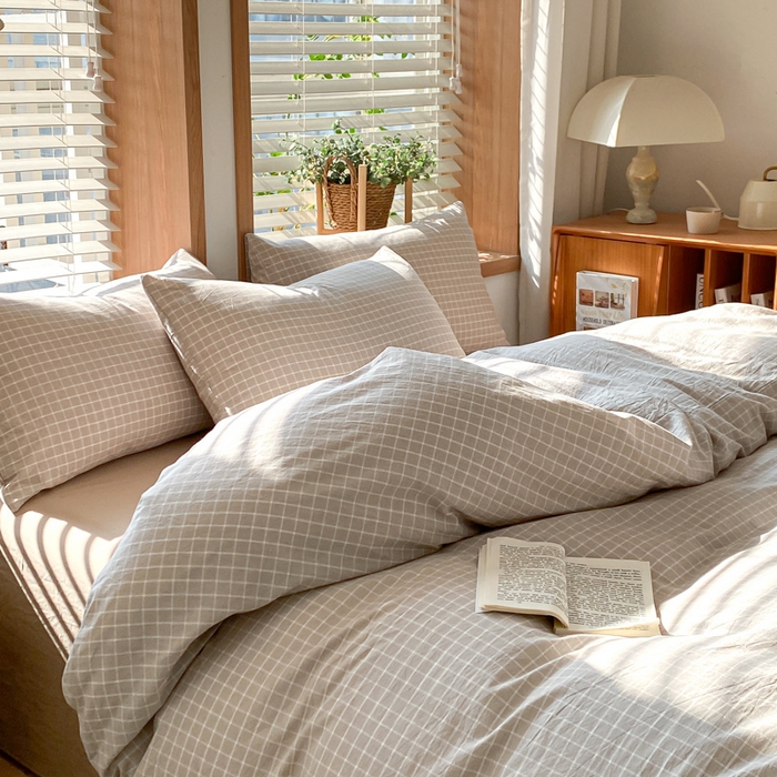 91家纺网 家纺一手货源 找家纺 木子家纺 2025新款简约日式40支全棉色织水洗棉四件套 罗恩-灰