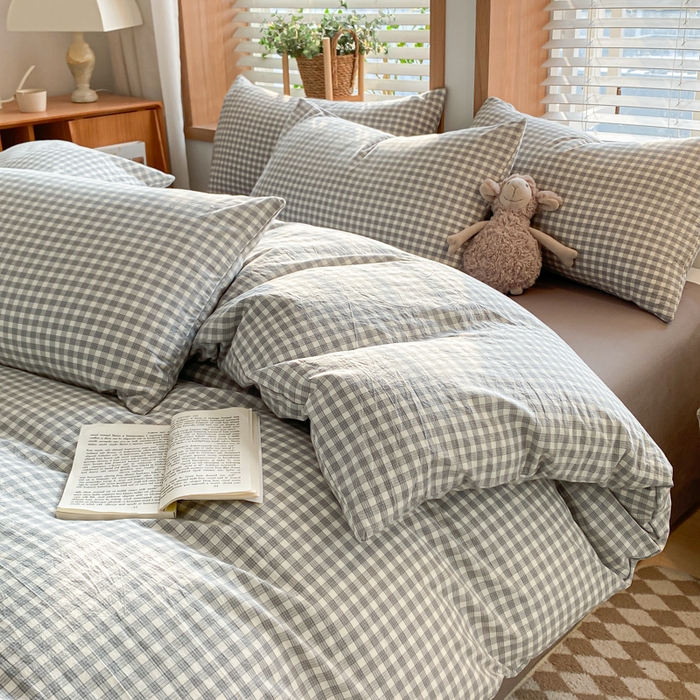 91家纺网 家纺一手货源 找家纺 木子家纺 2025新款简约日式40支全棉色织水洗棉四件套 未央-灰