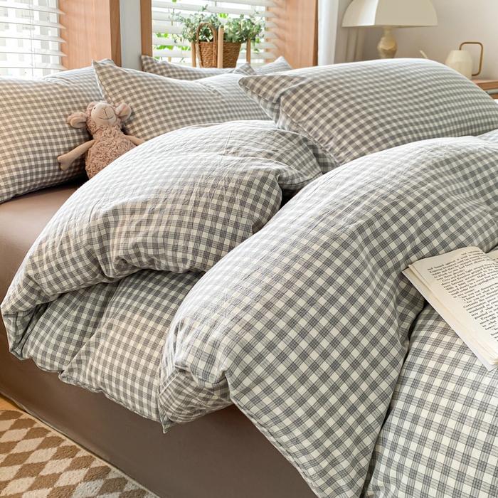 91家纺网 家纺一手货源 找家纺 木子家纺 2025新款简约日式40支全棉色织水洗棉四件套 未央-灰