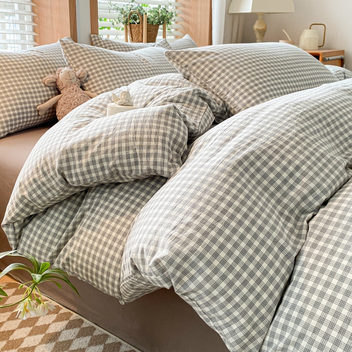 91家纺网 家纺一手货源 找家纺 木子家纺 2025新款简约日式40支全棉色织水洗棉四件套 未央-灰