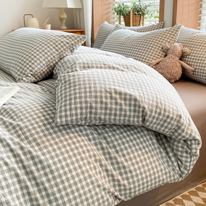 91家纺网 家纺一手货源 找家纺 木子家纺 2025新款简约日式40支全棉色织水洗棉四件套 未央-灰