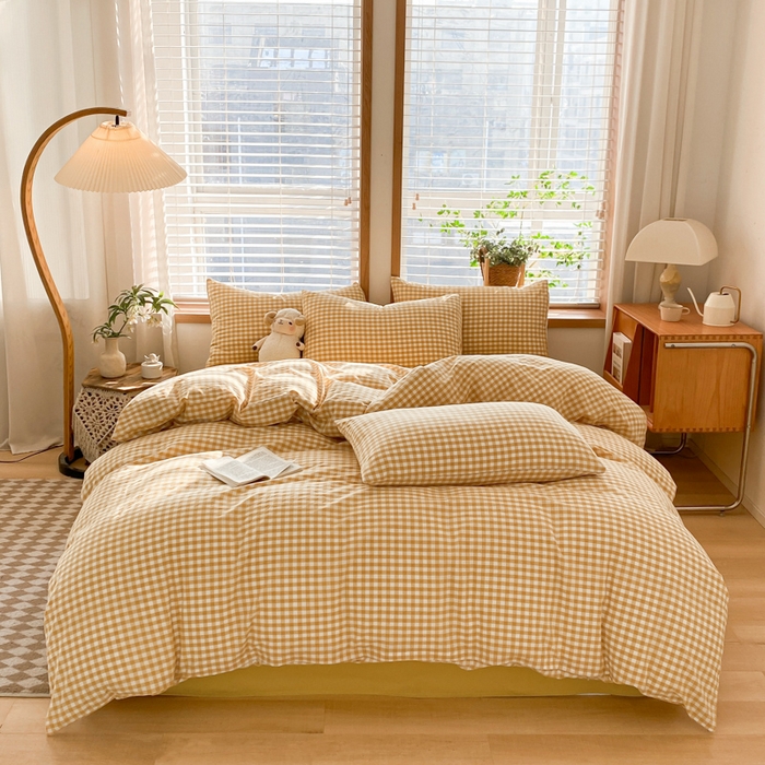 木子家纺 2025新款简约日式40支全棉色织水洗棉四件套 小格-黄