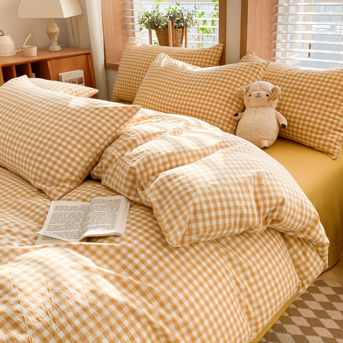 91家纺网 家纺一手货源 找家纺 木子家纺 2025新款简约日式40支全棉色织水洗棉四件套 小格-黄