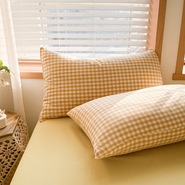 91家纺网 家纺一手货源 找家纺 木子家纺 2025新款简约日式40支全棉色织水洗棉四件套 小格-黄