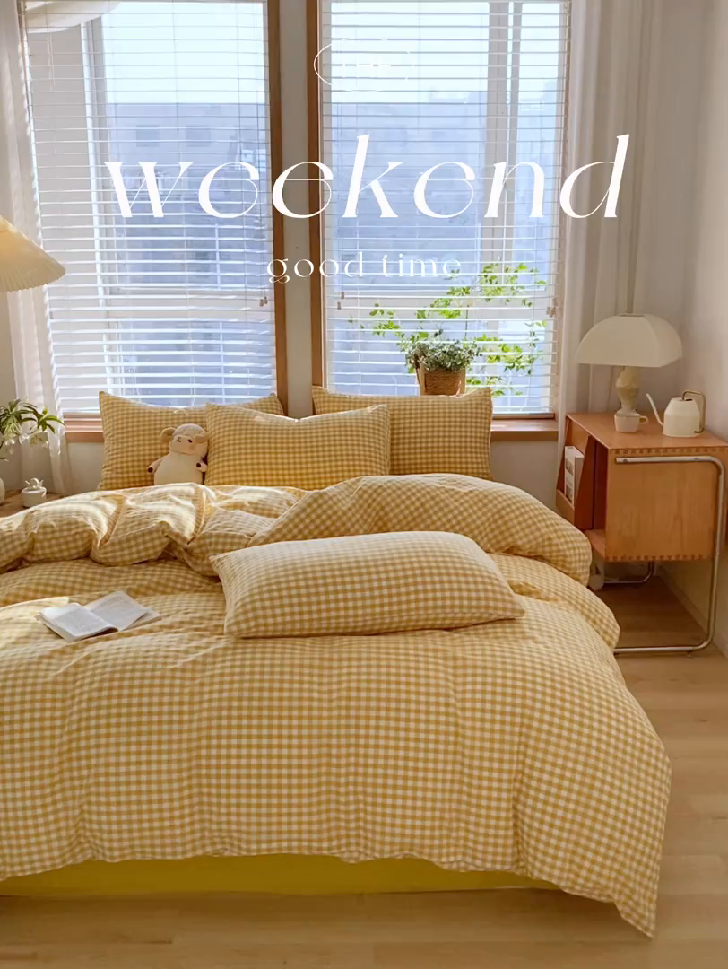 91家纺网 家纺一手货源 找家纺 木子家纺 2025新款简约日式40支全棉色织水洗棉四件套 小格-黄