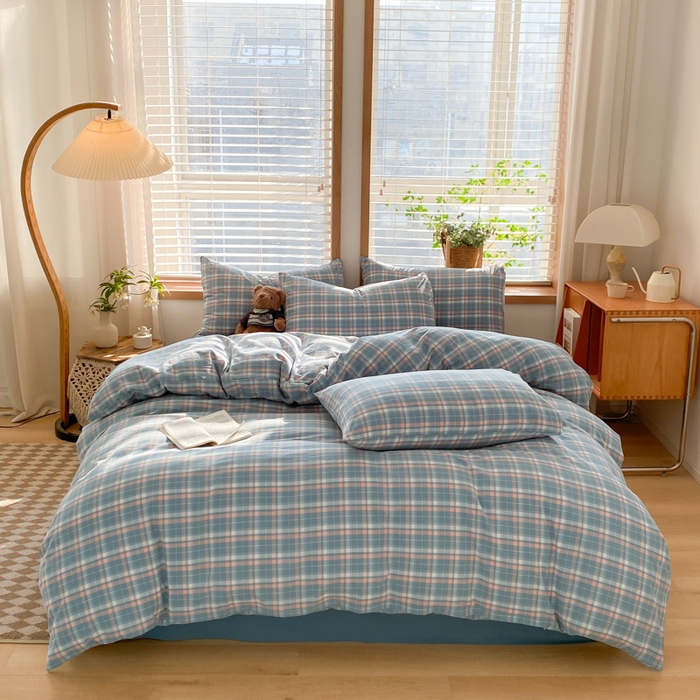 木子家纺 2025新款简约日式40支全棉色织水洗棉四件套 印象-蓝