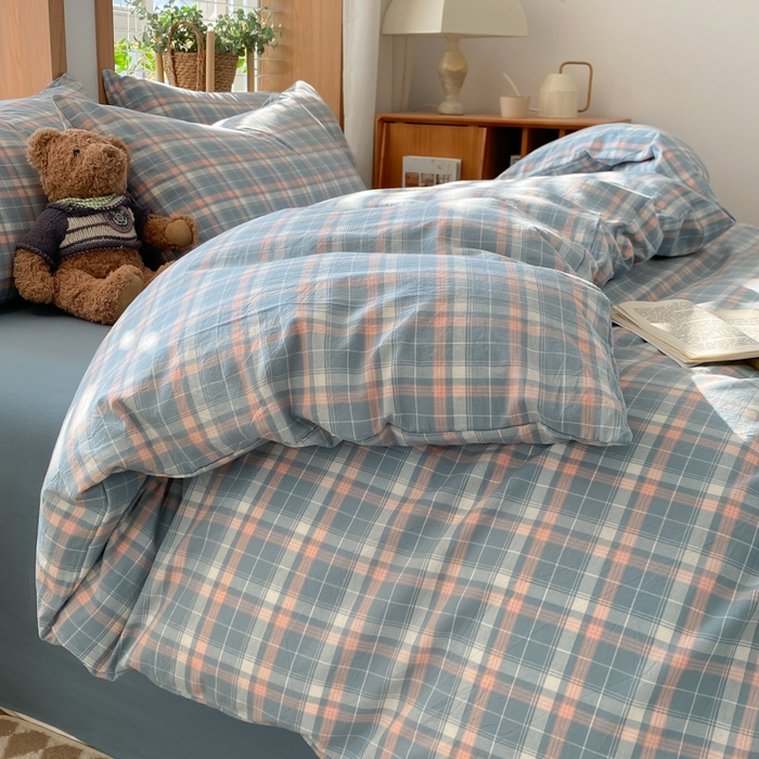 91家纺网 家纺一手货源 找家纺 木子家纺 2025新款简约日式40支全棉色织水洗棉四件套 印象-蓝