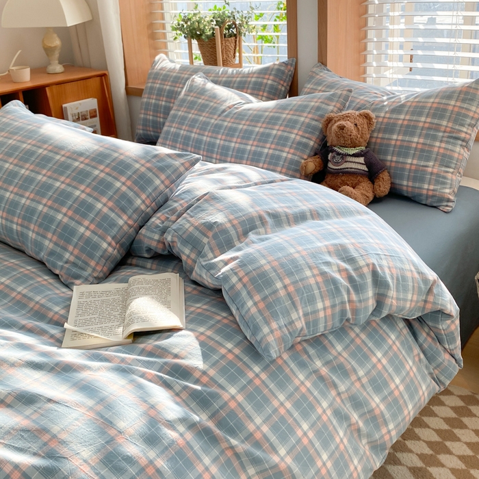 91家纺网 家纺一手货源 找家纺 木子家纺 2025新款简约日式40支全棉色织水洗棉四件套 印象-蓝