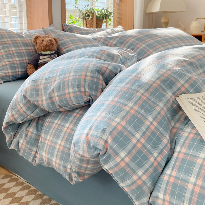 91家纺网 家纺一手货源 找家纺 木子家纺 2025新款简约日式40支全棉色织水洗棉四件套 印象-蓝