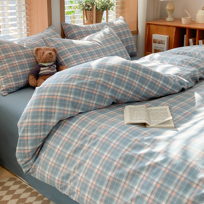 91家纺网 家纺一手货源 找家纺 木子家纺 2025新款简约日式40支全棉色织水洗棉四件套 印象-蓝