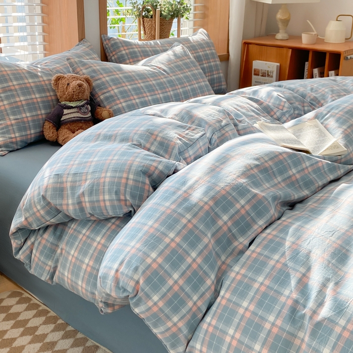 91家纺网 家纺一手货源 找家纺 木子家纺 2025新款简约日式40支全棉色织水洗棉四件套 印象-蓝