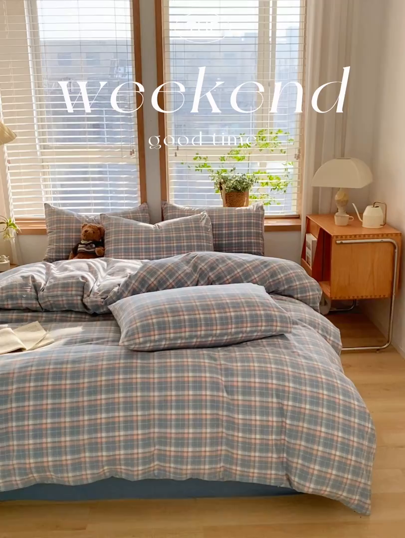 91家纺网 家纺一手货源 找家纺 木子家纺 2025新款简约日式40支全棉色织水洗棉四件套 印象-蓝