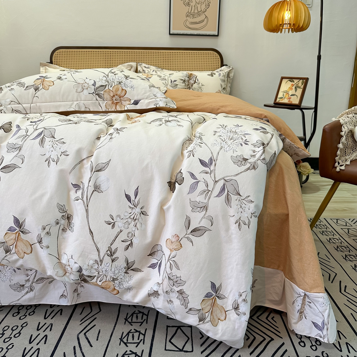 91家纺网 家纺一手货源 找家纺 橙艺家居 2025新款秋冬全棉纯棉磨毛四件套 硕朵-桔