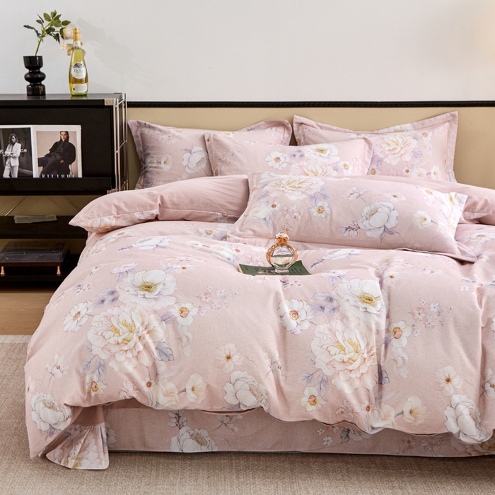 91家纺网 家纺一手货源 找家纺 橙艺家居 2025新款秋冬全棉纯棉磨毛四件套 回眸一笑-粉