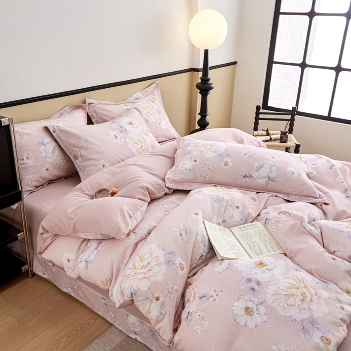 91家纺网 家纺一手货源 找家纺 橙艺家居 2025新款秋冬全棉纯棉磨毛四件套 回眸一笑-粉