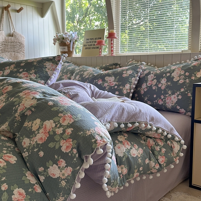 91家纺网 家纺一手货源 找家纺 缘生活 2025新款皱皱纱毛球球流苏四件套 皱皱纱球球流苏-花簇