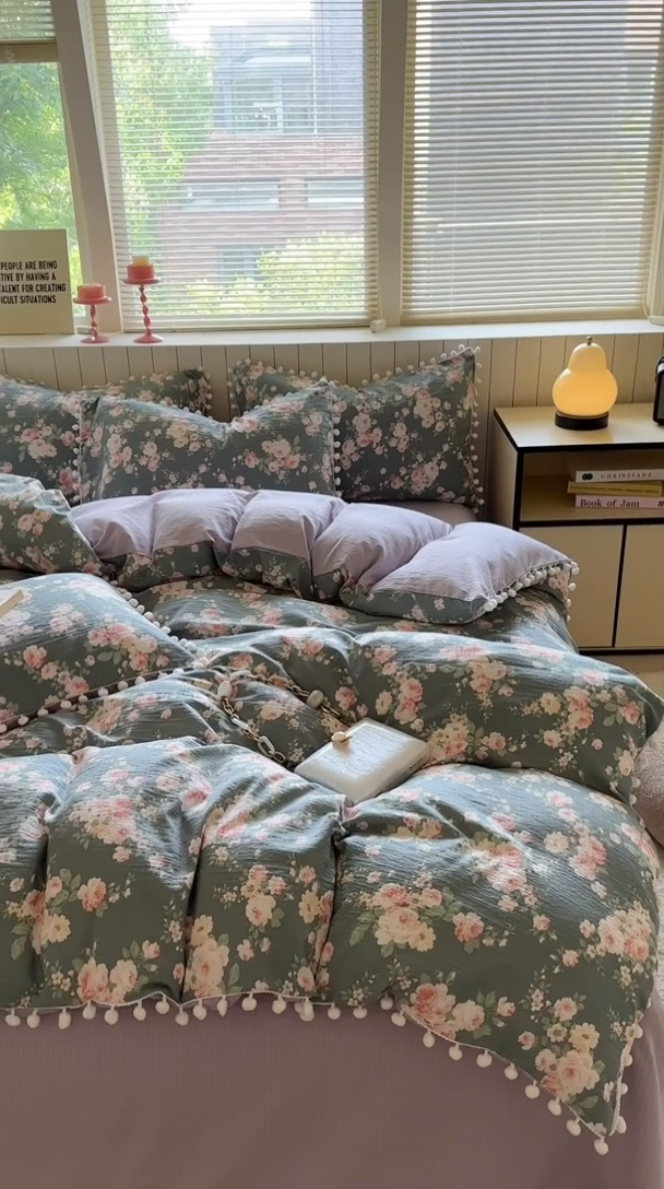 91家纺网 家纺一手货源 找家纺 缘生活 2025新款皱皱纱毛球球流苏四件套 皱皱纱球球流苏-花簇